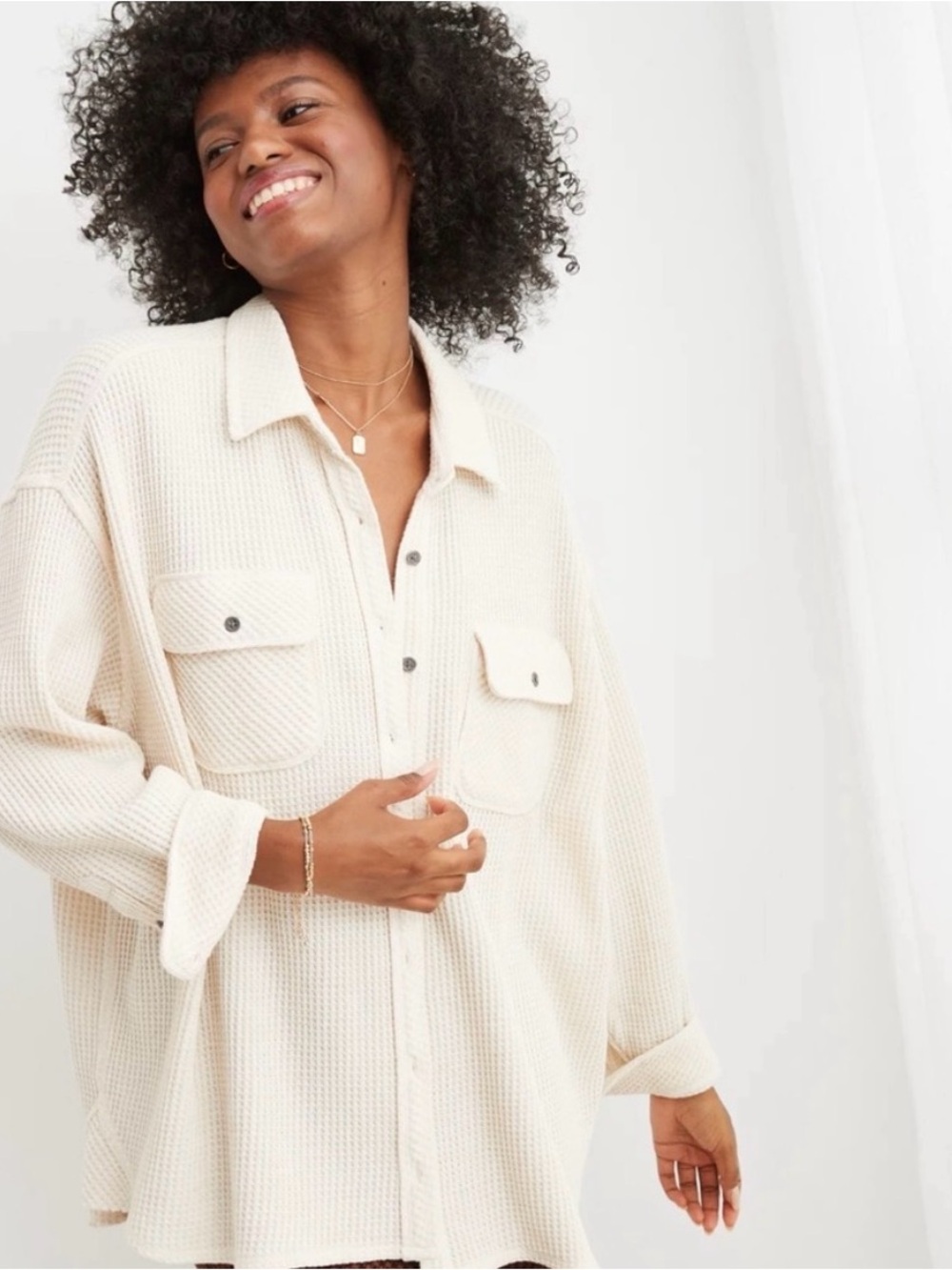 Aerie Lumber Jane Off White Button Down Top size Large
